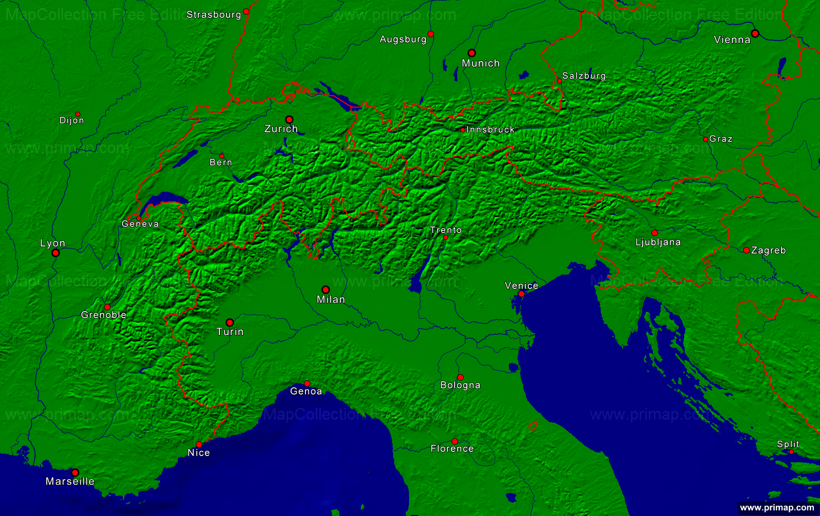 Alpen Karte Mit Städten primap National maps